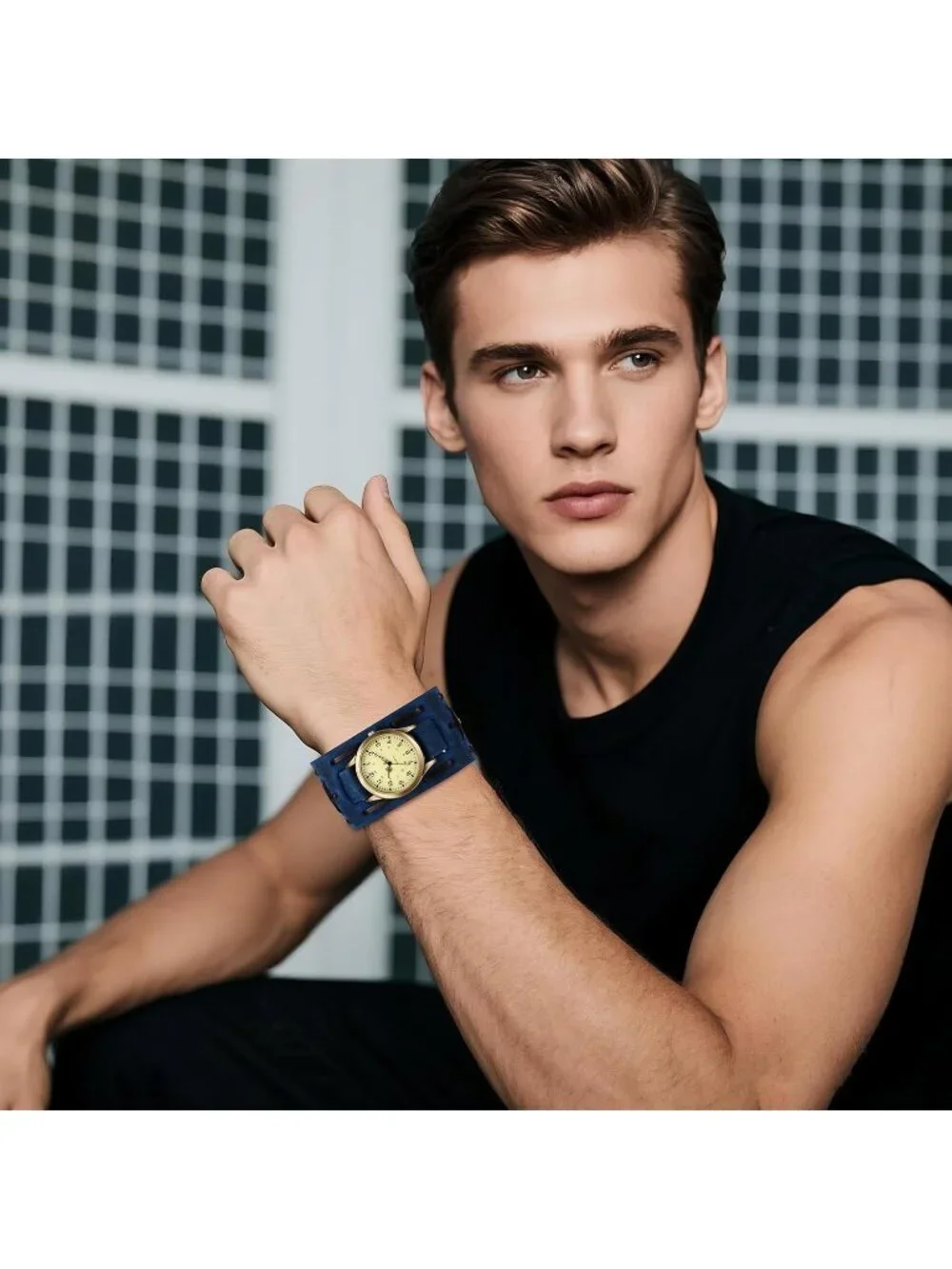 Unisex Blue Analog Quartz Arabic Numerals Wide Leather Strap Vintage Wrist Watch